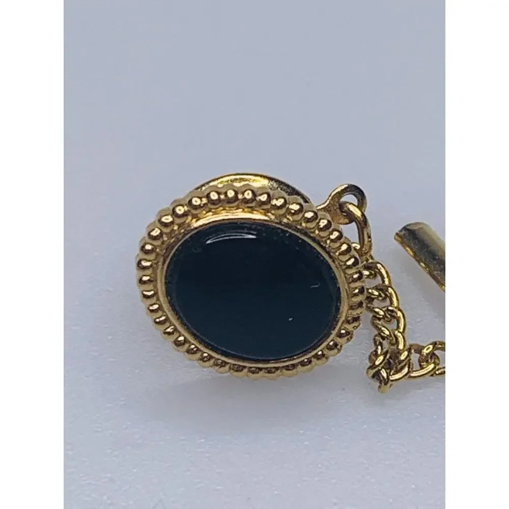 Black and Gold Oval Tie Tack with Tie Chain